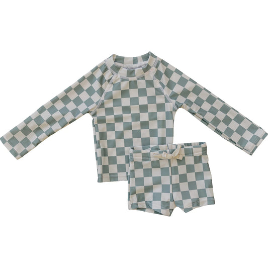 Light Green Checkered Long Sleeve Swim Set